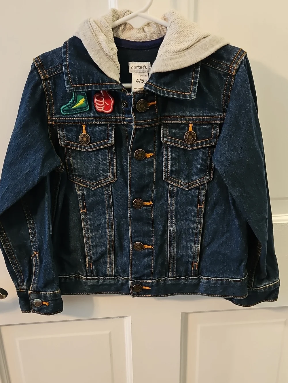 Carter's Dark Blue Denim Jacket with Cream Hood and Colorful Patches
